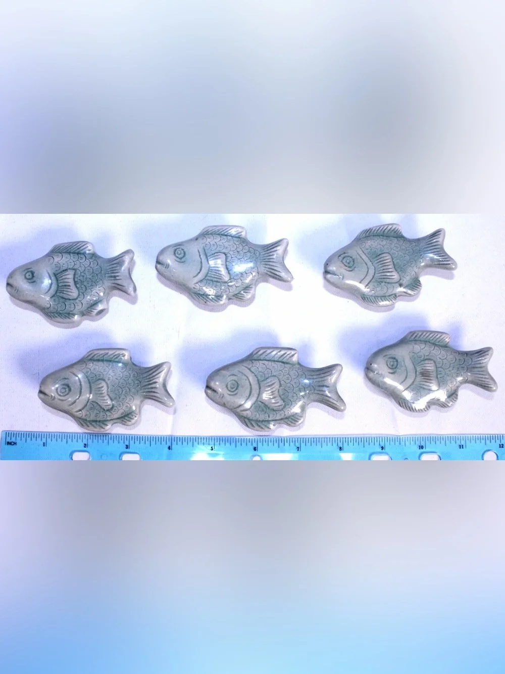 Vintage Pottery Fish Chopstick Rests or Garden decor - Celadon Glazed Set of 6